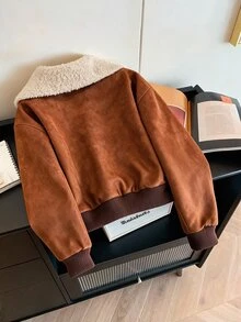 Franclia 大尺碼女款棕色修身百搭極簡主義秋冬寬鬆毛領皮革夾克 - 棕色 - 查看 2