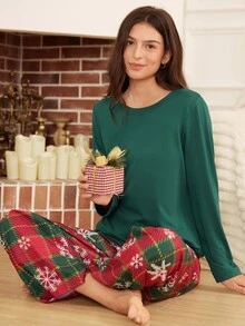 Doze Lane Cotton-Like Solid Color Puff Wrinkle Fabric Plaid Print Long Sleeve Long Pants Pajama Set - Multicolor - View 1