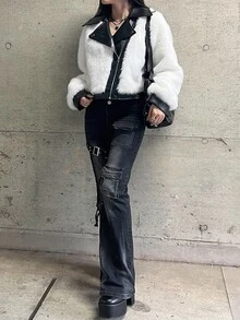 FRIFUL 女款毛絨拼接休閒街頭風性感百搭日常長袖外套 秋季夜生活 黑白配色 - 杏色 - 查看 5