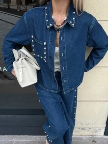 DAZY Women's Single-Breasted Long Sleeve Top And Pants Casual Daily Denim Set Fall - Blue - View 3