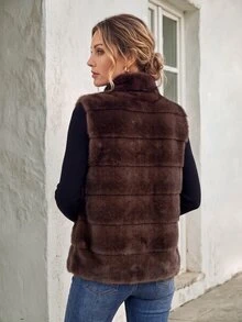 Faunlyn Jaket Rompi Bulu Imitasi Bergaya Vintage dengan Resleting untuk Wanita - Coklat - View 2