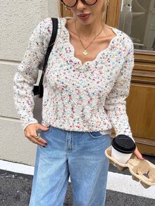 SHEIN LUNE 女款休閒通勤毛衣長袖秋冬拼接波浪下擺拼色穿搭 - 彩色 - 查看 3