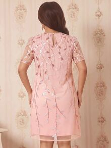 Amorya 女款優雅派對亮片刺繡網紗短洋裝 - 粉色 - 查看 2