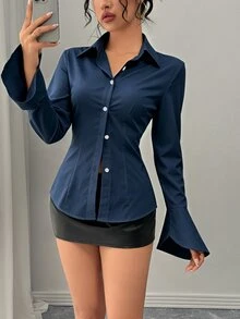 Rafferiza 休閒性感優雅日常百搭收腰喇叭袖海軍藍女款秋季襯衫 適合辦公室、夜晚外出、商務場合 - 藍色 - 查看 5