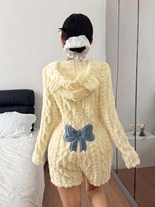 Napfluff Women's Animal-Shaped Hooded Bow Jacquard Velvet One-Piece Pajamas - Yellow - View 3