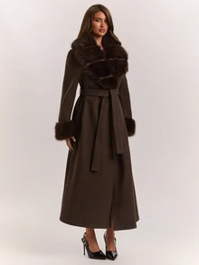 SHEIN BAE Women's Faux Fur Patchwork Long Sleeve Wool Blend Coat - Coffee Brown - View 5
