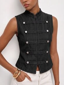 Maija Women's Double-Breasted Fashion Denim Vest For Vacation Going Out Tops For Women - Black - View 3