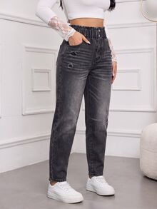 SHEIN Tall Women's High Waist Pocket Distressed Casual Versatile Denim Jeans - Black - View 5