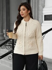 Vionelle Plus Size Women's Cream White Round Neck Zipper Cable Knit Cardigan With 3D Bow Long Sleeve Sweater Jacket Office Autumn Elegant - Apricot - View 6