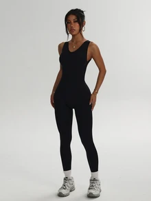 SHEIN Dewbera Women's Solid Color Backless Seamless Yoga Jumpsuit - Black - View 6
