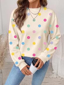 SHEIN LUNE 女款俏皮可愛彩色波點圖案運動衫，優雅休閒時尚，適合秋冬穿著 - 白色 - 查看 5