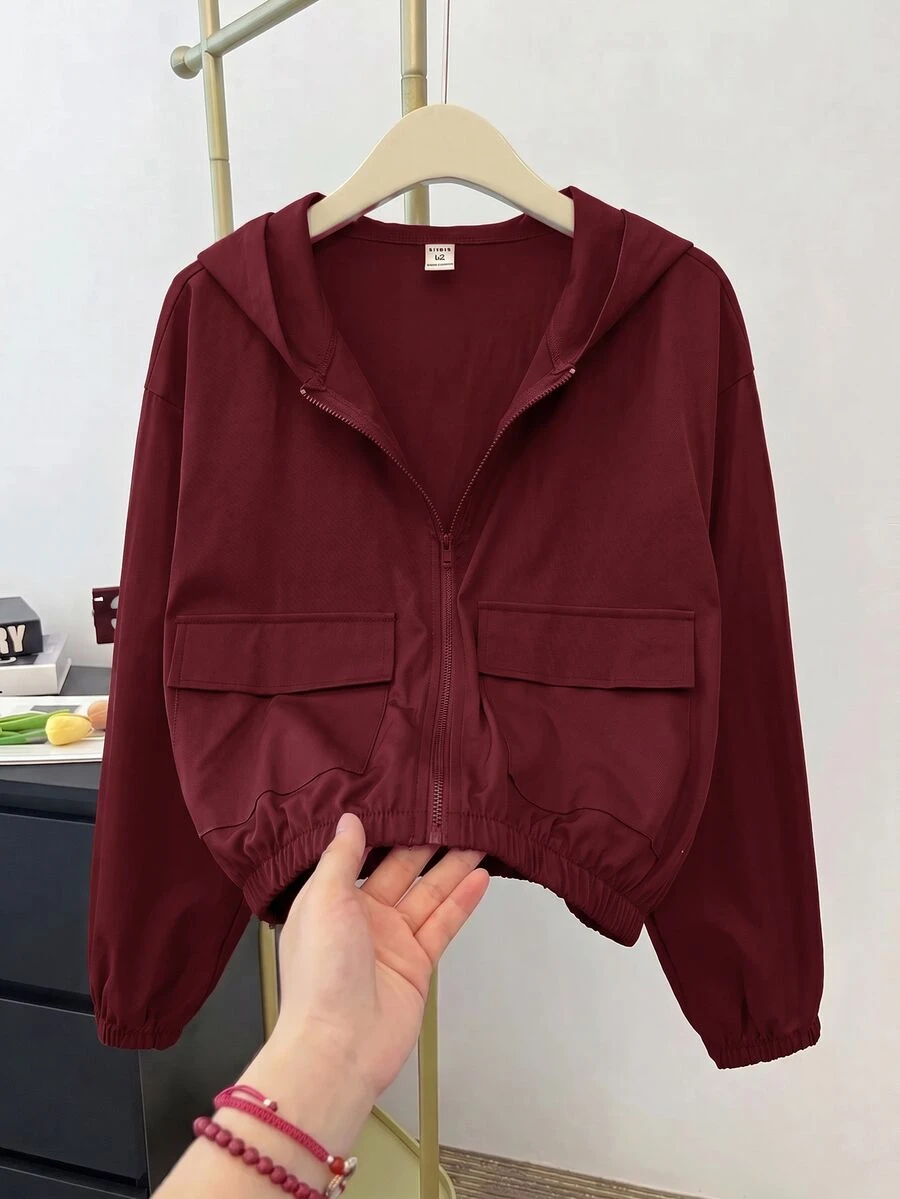 SHEIN 青少年女孩編織純色貼袋短版寬鬆休閒連帽外套,秋冬款,度假風 - 酒紅色 - 查看 1