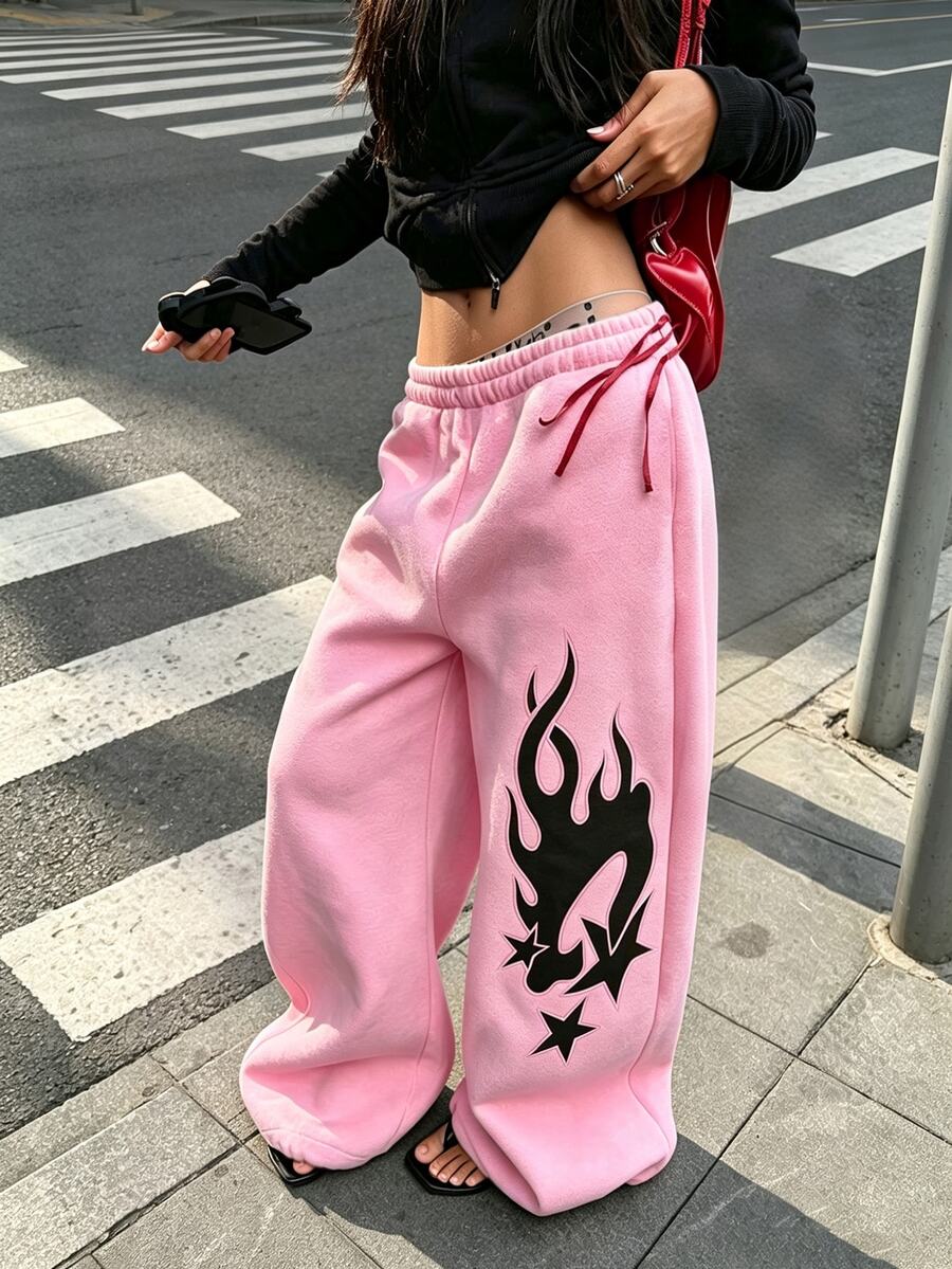 SuriyaCove Flame Star Print Pocket Loose Floor-Length Sweatpants - Pink - View 1