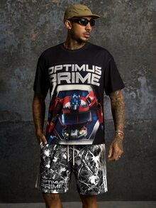 Transformers X SHEIN Men's Letter Print Short Sleeve T-Shirt And Shorts Casual Daily Set - Black - View 4