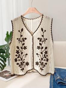 CosyJoli Plus Size Summer Embroidered Knit Cardigan Vest - Coffee Brown - View 6