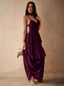 Silquee Women's Chiffon Spaghetti Strap Layered Ruffle Dress, Spring/Summer - Maroon - View 6
