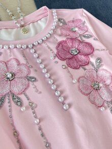 SHEIN Tween女孩秋冬休閒優雅粉色印花圓領長袖T恤，適合學校、返校、日常穿著 - 粉色 - 查看 6