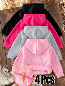SHEIN 4件組女孩純色抓絨連帽衛衣，基礎款長袖套頭衛衣，適合返校穿著 - 彩色 - 查看 2