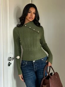 Aloruh Sweater Lengan Panjang Wanita dengan Kerah Asimetris Bergaris dan Kancing - Hijau - View 1