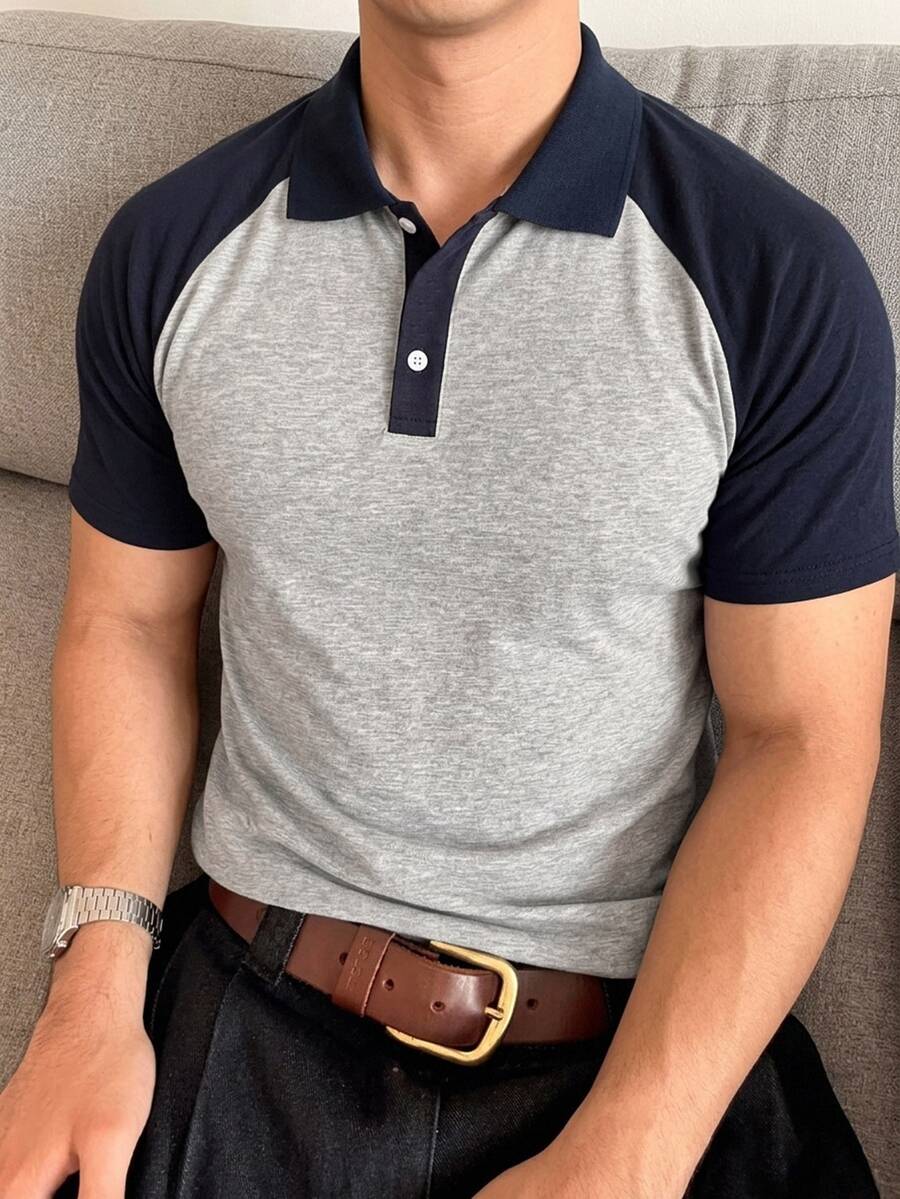 DAZY 夏季男士韓式插肩袖短袖 Polo 領 T 恤，灰色衣身搭配深藍對比袖 - 彩色 - 查看 1