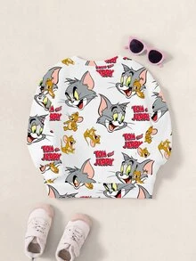 TOM & JERRY X SHEIN 女童字母卡通印花休閒日常長袖運動衫 - 白色 - 查看 2