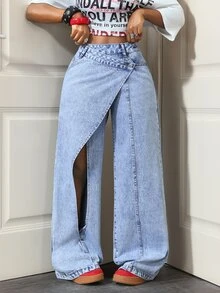 Slaydiva Women's Pocket Button Versatile Daily Casual Denim Jeans - Blue - View 4