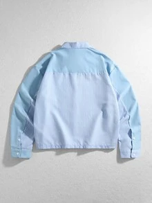 ROMWE MEN Men's Patchwork Fabric Loose Long Sleeve Shirt - Blue - View 3