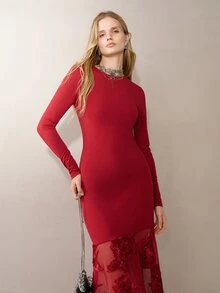 MOTF PREMIUM EXQUISITE ELEGANT EMBROIDERED FLORAL ROUND NECK LONG DRESS - Burgundy - View 5
