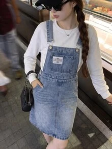 SHEIN 女童淺藍色牛仔拼接鬆款吊帶短洋裝 2026秋冬可愛Y2K百搭款 萬聖節新年穿搭 - 藍色 - 查看 6