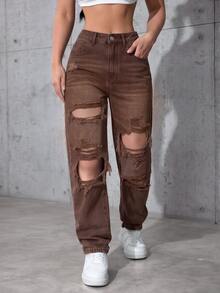 SHEIN ICON 休閒水洗磨損牛仔褲 - 棕色 - 查看 1