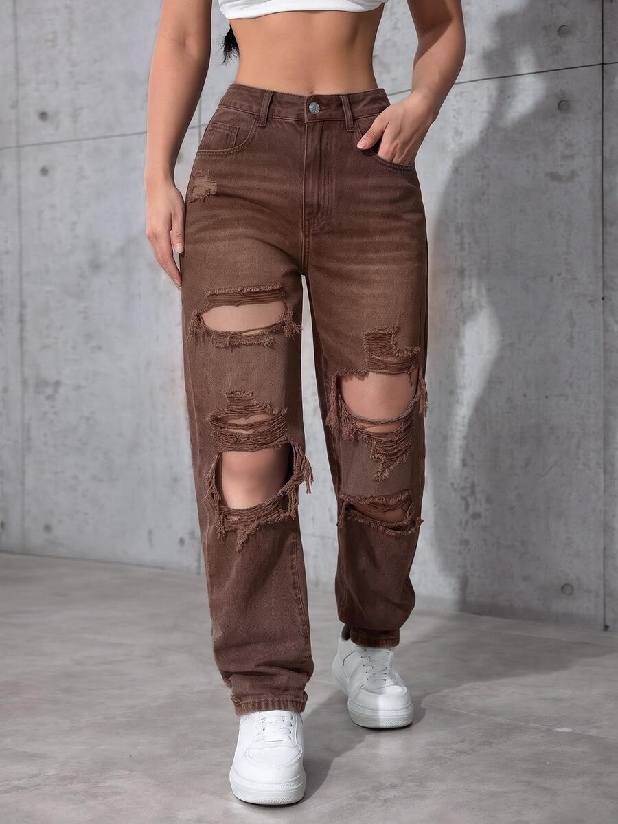 SHEIN ICON 休閒水洗磨損牛仔褲 - 棕色 - 查看 1