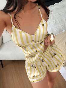 Dream Adore Faux Silk Striped Bow & Small Heart Print Cami Shorts Pajama Set - Yellow - View 7