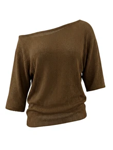 Elafinee Plus Size Women's Solid Color Asymmetrical Shoulder Long Sleeve Casual Pullover Sweater - Brown - View 1