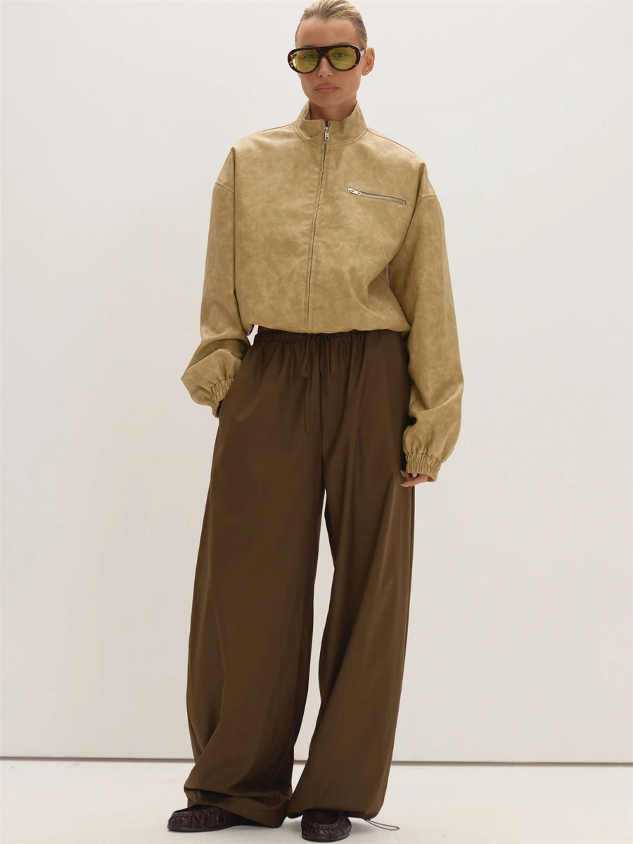 MUSEYN Khaki Woven Elasticated Drawstring Balloon Leg Toggle Pants Versatile Everyday Casual Fall - Brown - View 1