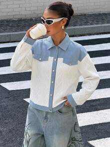 Livesso Women's Single-Breasted Colorblock Casual Daily Denim Jacket - Blue and White - View 3