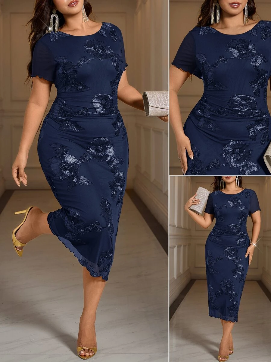 Reflora Plus Size Elegant Elegant Embroidered Frill Trim Dress - Navy Blue - View 1