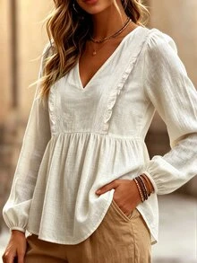 SHEIN بلوزة نسائية خريفية من القطن بياقة على شكل حرف V وأكمام منفوخة مع دانتيل وكشكشة وتصميم مرقع ونسيج مطوي وحافة منسوجة وأكمام طويلة، مناسبة للتنقل اليومي والمواعدة والتسوق - لون مشمشي - مشاهدة 4