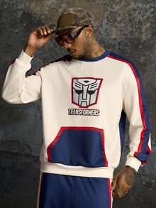 Transformers X SHEIN طقم كاجوال يومي للرجال مكون من سويت شيرت بأكمام طويلة مطبوع عليه حروف وبنطلون رياضي - كاكي - مشاهدة 3