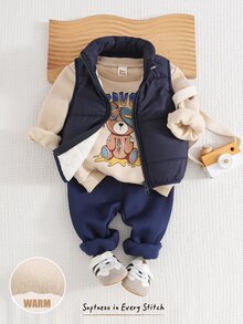 Cozy Pixies Baby Boy 3pcs Set: Knitted Cartoon Pattern Crew Neck Sweatshirt, Woven Solid Color Vest, And Knitted Solid Color Long Pants - Multicolor - View 1
