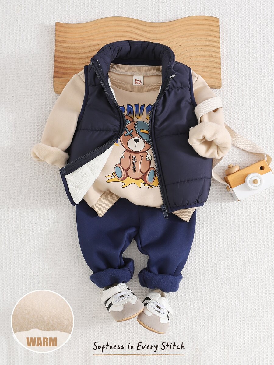 Cozy Pixies Baby Boy 3pcs Set: Knitted Cartoon Pattern Crew Neck Sweatshirt, Woven Solid Color Vest, And Knitted Solid Color Long Pants - Multicolor - View 1