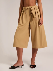 SHEIN BAE Women's Loose Casual Solid Color Back Waist Elastic Pleated Mid-Length Wide Leg Pants - Khaki - View 5