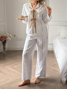 DAZY Women's Ditsy Floral Front Tie Long Sleeve Top And Long Pants Pajama Set - White - View 9