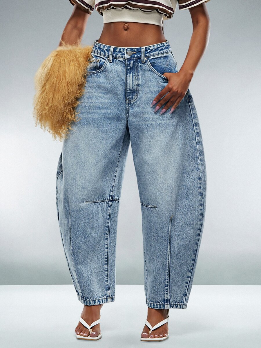 Denimoi Celana Jeans Denim Premium Model Crop Barrel, Cocok untuk Pemakaian Sehari-hari, Kencan Malam, dan Busana Kasual Musim Gugur. - Medium Wash - View 1