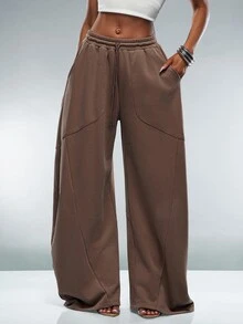 Denimoi Wide Leg Relaxed Fit Sweatpants Loungewear Cozy Fall Cold Weather Fashionable Streetwear Baggy - Brown - View 2
