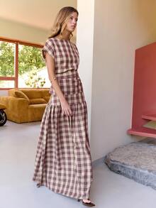 Nöista Plaid Tie Waist Top & Skirt Two Pieces Set - Red - View 1