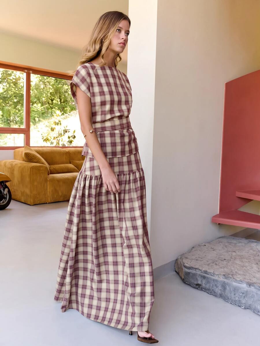 Nöista Plaid Tie Waist Top & Skirt Two Pieces Set - Red - View 1