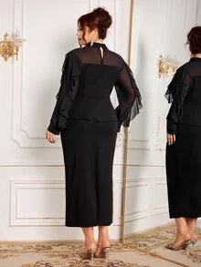 Modelyn Women's Ruffle Waist Top And Bodycon Skirt 2 Pieces Set, Elegant Commuter Design, Plus Size - Black - View 2