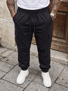 Manfinity CasualCool 男士休閒成熟風多口袋工裝長褲，抽繩鬆緊腰多功能百搭黑色長褲 - 黑色 - 查看 5