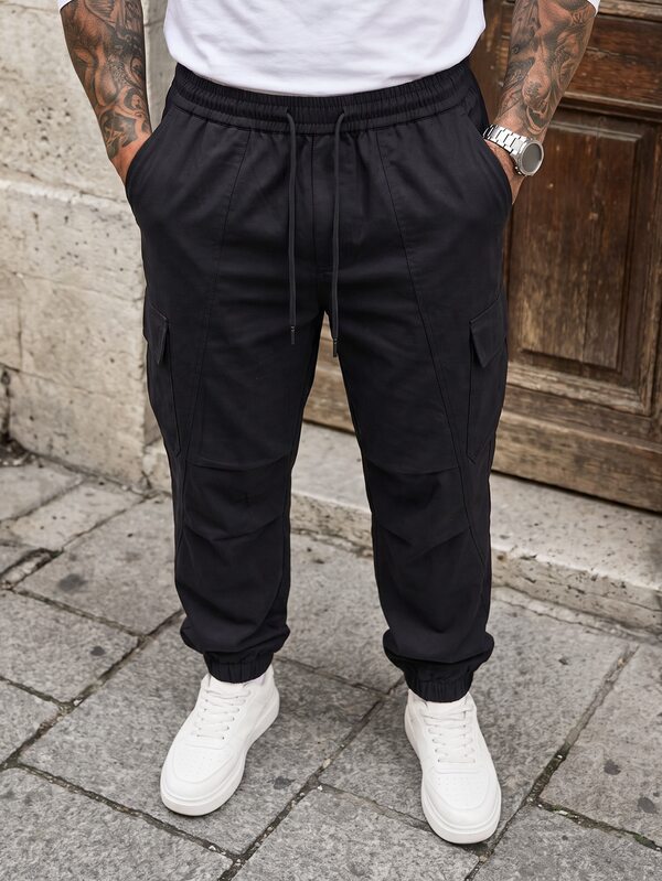 Manfinity CasualCool Men's Casual Mature Multi-Pocket Cargo Pants, Drawstring Elastic Waist Versatile Black Multi-Function Long Pants