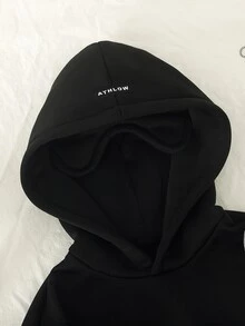 SHEIN 青少年女孩休閒緊身寬鬆口袋長袖抓絨內裡運動衫 時尚婚禮賓客派對 黑白配色 秋冬款 - 黑色 - 查看 6